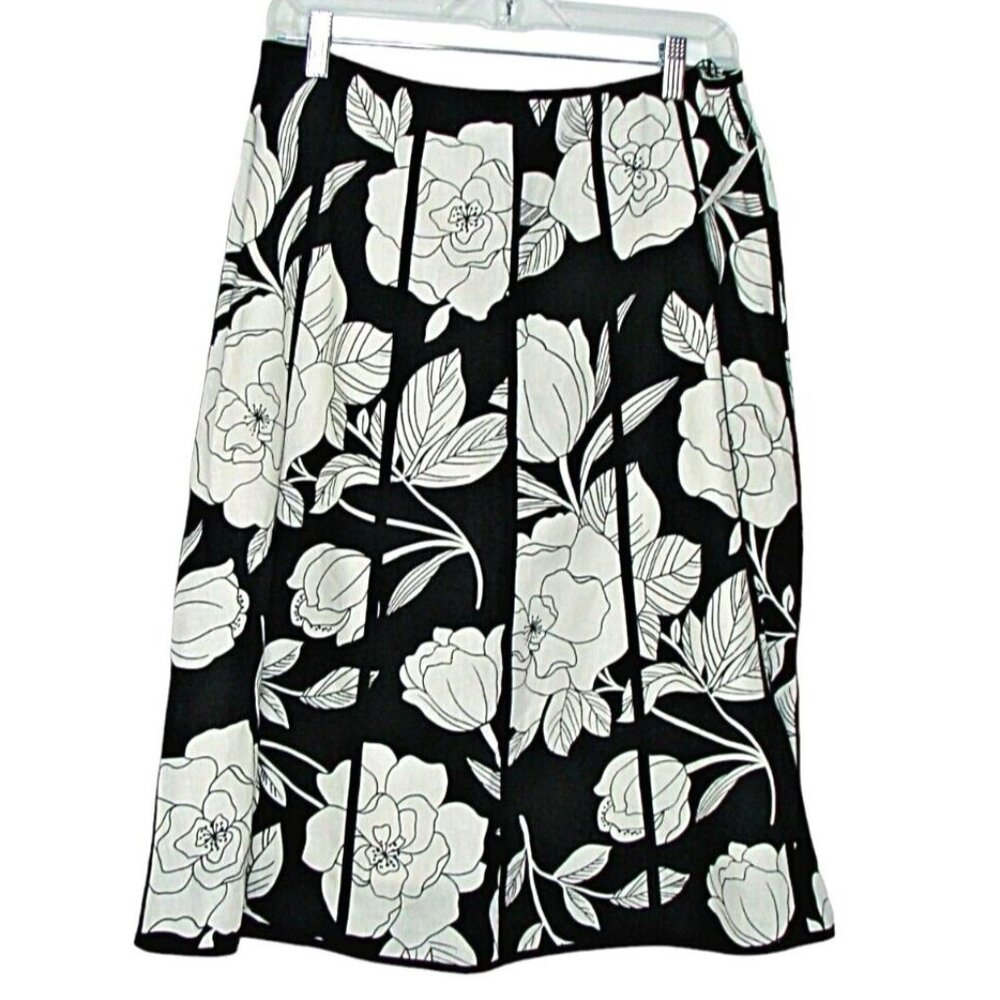 NEW Willi Smith Womens Sz 8 Linen Skirt Midi A-Line Pleated Black White Floral